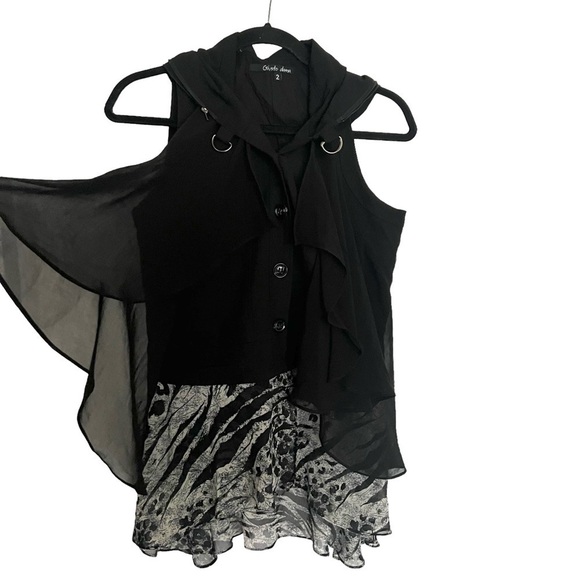 Giusto Dama Black Sleeveless Hooded Jacket With Sheer And Flowy Overlay Size 2 - Picture 3 of 12